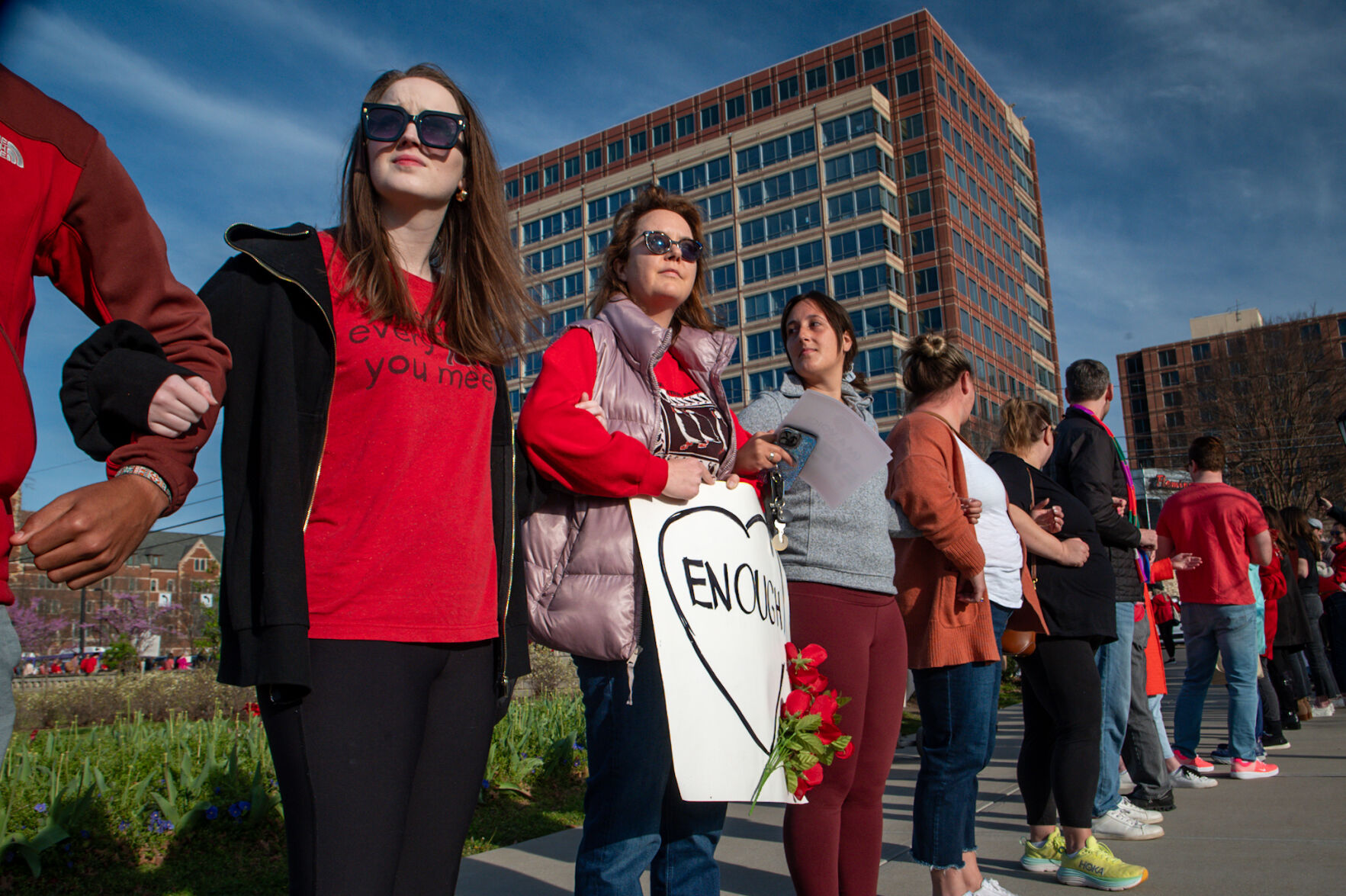 Gun safety advocates form a human chain across Nashville on March 27, 2024 — the one-year anniversary of the Covenant School shooting